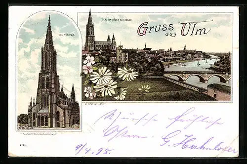 Lithographie Ulm, Blick auf das Münster, Panorama von Süden mit Donau