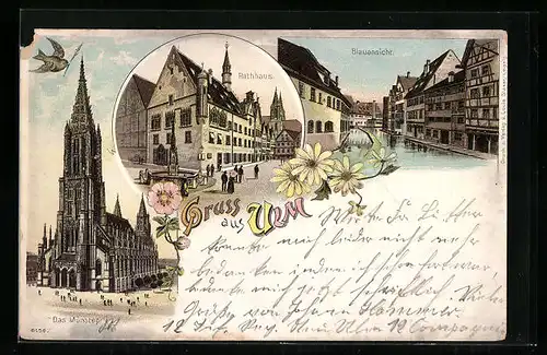 Lithographie Ulm a. d. Donau, Partie am Rathaus, Das Münster, Blauansicht