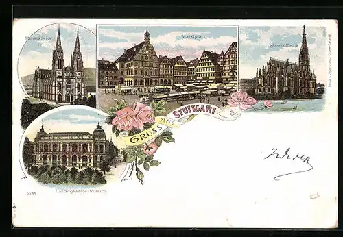 Lithographie Stuttgart, Marienkirche, Marktplatz, Johannis-Kirche