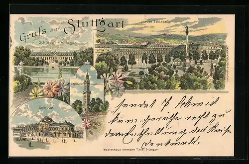 Lithographie Stuttgart, Neues Schloss, Schloss mit Anlagen, Solitude, Aussichtsturm Degerloch