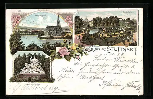 Lithographie Stuttgart, Johanneskirche, Stadt-Garten, Eberhard-Gruppe