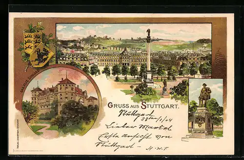 Lithographie Stuttgart, Neues und altes Schloss, Denkmal