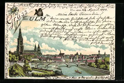 Lithographie Ulm, Panorama mit Münster und Donau