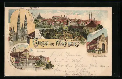 Lithographie Nürnberg, Henkersteg, Panorama, Lorenzkirche