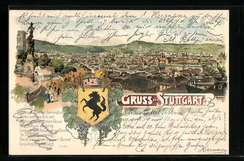 Lithographie Stuttgart, Teilansicht mit Brunnen, Wappen