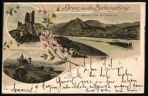 Lithographie Drachenfels /Siebengebirge, Ruine Drachenfels, Drachenburg, Aussicht vom Rolandsbogen