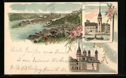 Lithographie Passau, Rathausturm und Domtürme, Teilansicht der Stadt