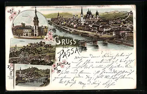 Lithographie Passau, Panorama mit Rathaus, Hals