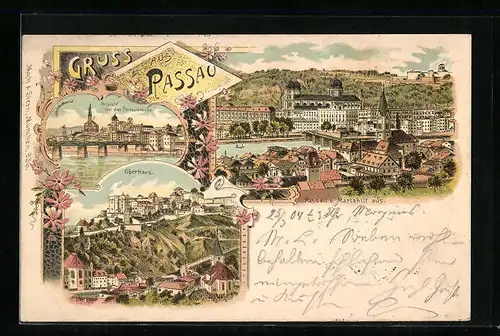 Lithographie Passau, Oberhaus, Ansicht der Donaubrücke