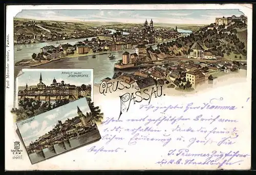 Lithographie Passau, Innstadt, Ansicht der Donaubrücke