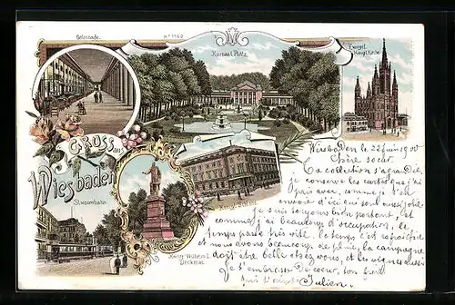 Lithographie Wiesbaden, Kaiser Wilhelm Denkmal, Kursaal Platz, Evangel. Hauptkirche