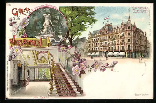 Lithographie Wiesbaden, Hotel Metropole, Hotel-Vestibül, Brunnengruppe im Wintergarten