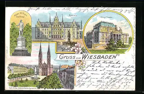 Lithographie Wiesbaden, Rathaus, Königliches Theater, Kaiser Wilhelm-Denkmal