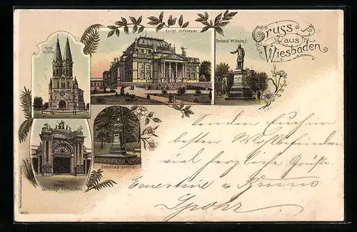 Lithographie Wiesbaden, Ring-Kirche, Königl. Hoftheater, Bodenstedt-Denkmal