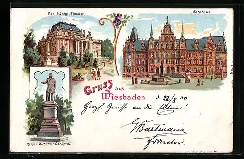 Lithographie Wiesbaden, Königl. Theater, Rathaus, Kaiser Wilhelm-Denkmal