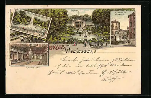 Lithographie Wiesbaden, Kranzplatz mit Kochbrunnen, Kurhaus