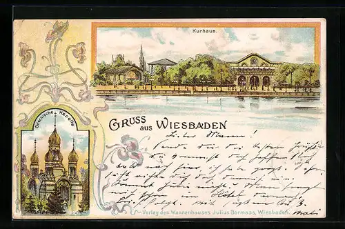 Lithographie Wiesbaden, Griechische Kapelle, Kurhaus