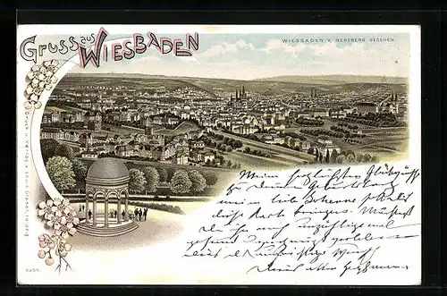 Lithographie Wiesbaden, Stadt vom Neroberg gesehen