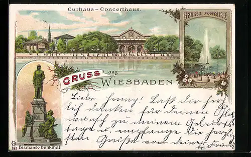 Lithographie Wiesbaden, Curhaus-Concerthaus, Bismarck-Denkmal