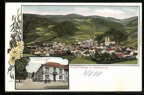 Lithographie Todtnau /Schwarzw., Gesamtansicht aus der Vogelschau, Gasthaus zum Bären J. Ebner