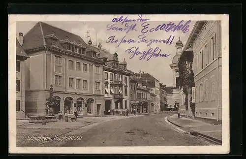 AK Schopfheim, Hauptstrasse mit Brunnen und Kirche