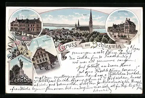 Lithographie Schleswig, Teilansicht mit Dom, Domschule, Seminar