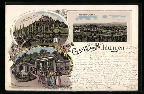 Lithographie Wildungen, Ortsansicht von Westen, Helenenquelle, Königsquelle mit Schloss