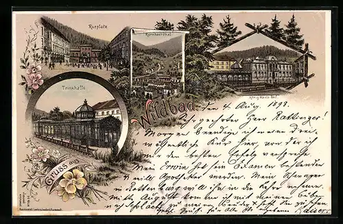 Lithographie Wildbad, Kurplatz, König-Karls-Bad, Trinkhalle