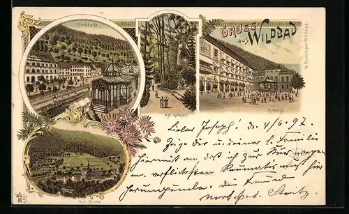 Lithographie Wildbad, Ortsnasicht, Kurplatz, Trinkhalle