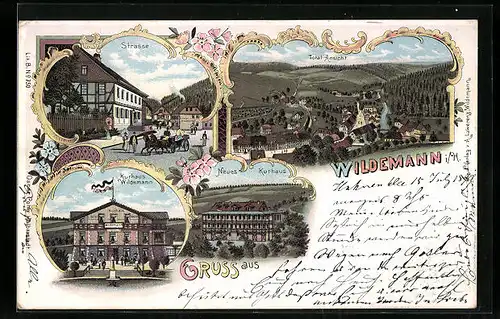 Lithographie Wildemann, Strassenpartie, Kurhaus, Totalansicht