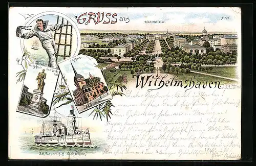 Vorläufer-Lithographie Wilhelmshaven, 1895, Ortsansicht mit Adalbertstrasse, Matrose, Panzerschiff König Wilhelm