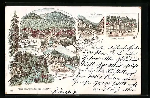 Lithographie Wildbad, Ortsansicht, Kurplatz, Waldpartie mit Wasserfall
