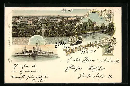 Lithographie Wilhelmshaven, Ortsansicht mit Anlagen, Parkpartie und Schiff