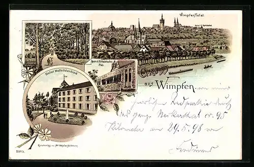 Lithographie Wimpfen, Totalansicht, Hotel Mathildenbad