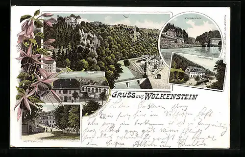 Lithographie Wolkenstein, Ortsansicht mit Brücke, Hüttenmühle, Flossplatz, Arnolds Restauration
