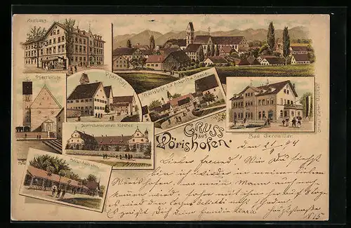 Lithographie Wörishofen, Panorama, Kurhaus, Bad Geromiller