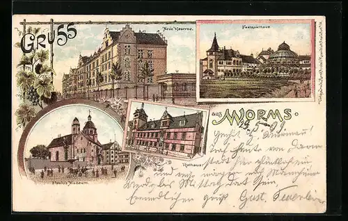 Lithographie Worms, Neue Kaserne, Festspielhaus, Paulus Museum