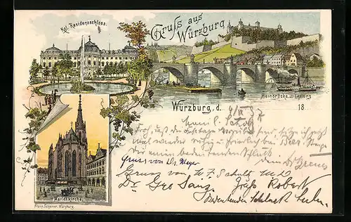 Lithographie Würzburg, Mainbrücke und Festung, Marienkirche, Residenzschloss, Verlag Franz Scheiner