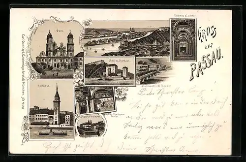 Lithographie Passau, Ortsansicht, Dom, Unter- und Oberhaus