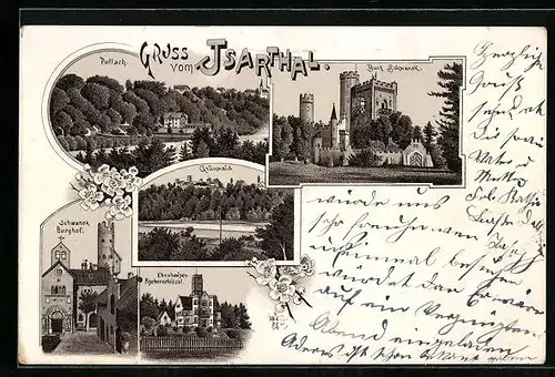 Lithographie Pullach, Ortsansicht, Burg Schwanek, Grünwald