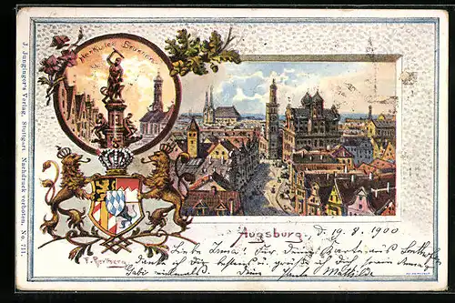 Passepartout-Lithographie Augsburg, Teilansicht aus der Vogelschau, Herkules Brunnen, Wappen