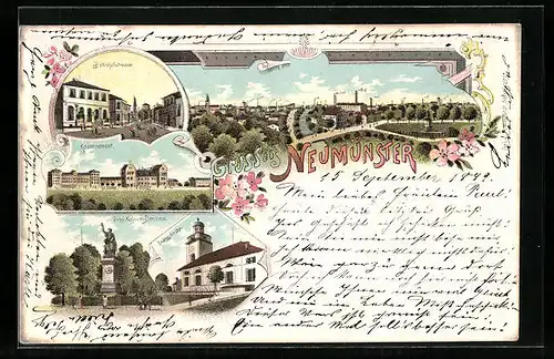 Lithographie Neumünster, Panorama der Stadt, Bahnhofstrasse, Kasernement