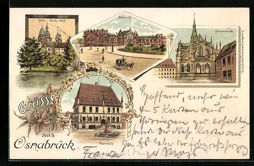 Lithographie Osnabrück, Strassenpartie mit Bahnhof, Marienkirche, Dom