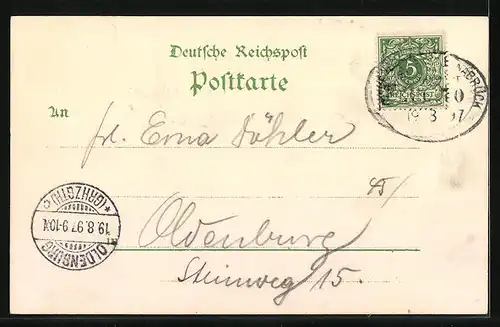 Lithographie Osnabrück, Strassenpartie mit Bahnhof, Marienkirche, Dom