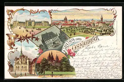 Lithographie Osnabrück, Ortsansicht, Bahnhof, Rathaus