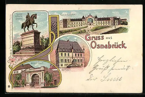 Lithographie Osnabrück, Central-Bahnhof, Kaiser Wilhelm-Denkmal, Heger Thor