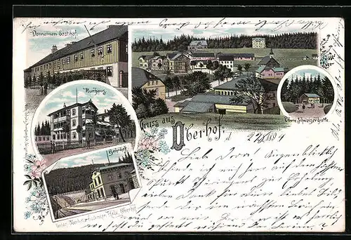 Vorläufer-Lithographie Oberhof, 1894, Gesamtansicht, Domainen-Gasthof, Bahnhof