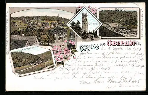 Lithographie Oberhof /Th., Ortsansicht aus der Vogelschau, Gehlberger Mühle, Bahnhof