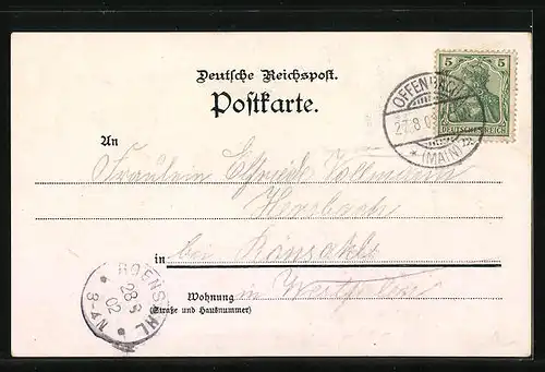Lithographie Offenbach a. M., Totalansicht mit Main, Marktplatz, Kaserne, Wappen