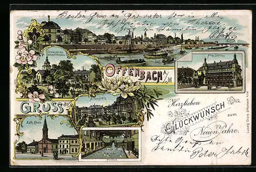 Lithographie Offenbach a. M., Panorama mit Hafen, Alicenplatz, Stadtbad